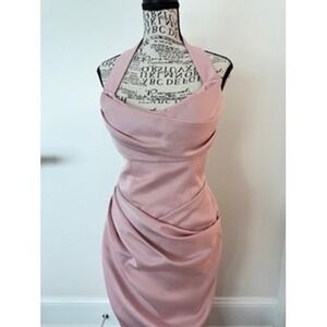 Rasario Blush Pink Satin Halter Neck‎ Draped Ruched Midi Dress Cocktail Event